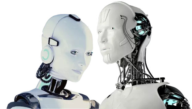 Two non-gender robots with human appearance keep a conversation